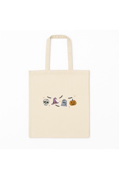 SHOPIENS Geanta tote brodata Halloween model Icons bej