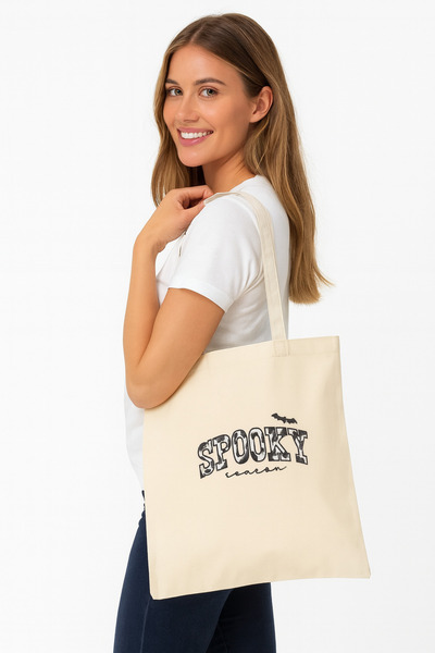 SHOPIENS Geanta tote brodata Halloween model Spooky Season bej