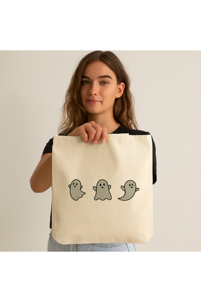 SHOPIENS Geanta tote brodata Halloween model Spooky Ghosts bej