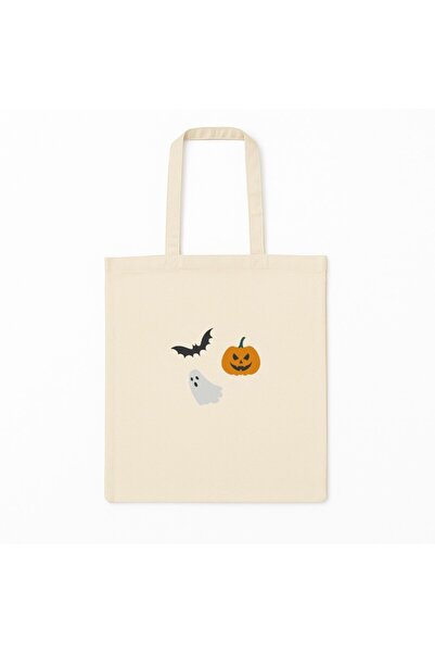SHOPIENS Geanta tote brodata Halloween model Pumpkin Ghost bej