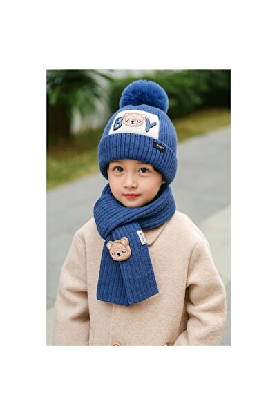 PriStyle Set căciulă și eșarfă pentru copii, tricotaj gros, model ursuleț, călduroase și confortabile, toamnă-iarnă, unisex, albastru