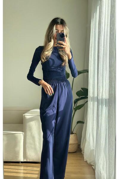 MODA طقم علوي وسفلي من المودال باللون الأزرق الداكن