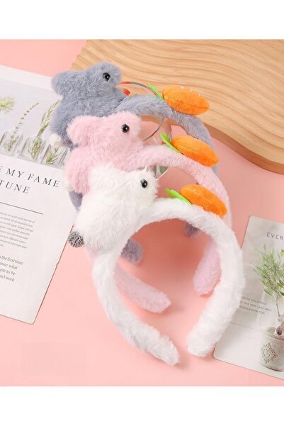 REBORN DESIGN Tavşan ve Havuç Figürlü Beyaz Renk Tüylü Peluş Taç