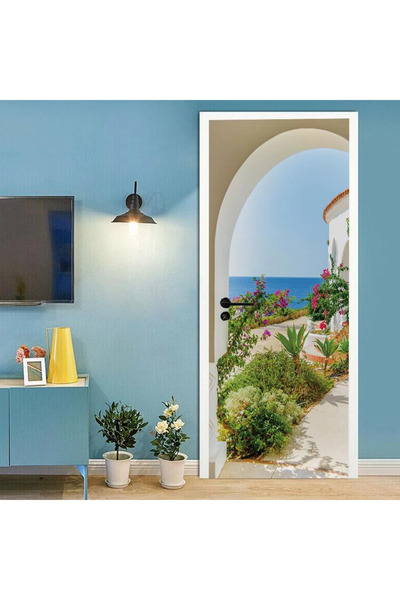 MaffStuff Autocolant decorativ ușă 3D Casă mediteraneană, PVC autoadeziv 78x200 cm 🏡🌊