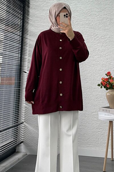 MELEK ARAZ Önü Boydan Düğmeli Merserize Kadın Tunik – Bordo