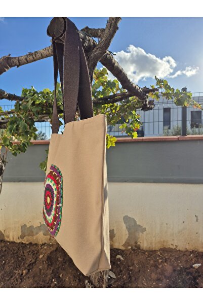 Handream Cream Duck Fabric Bag with Beaded (Red) Mandala Detail