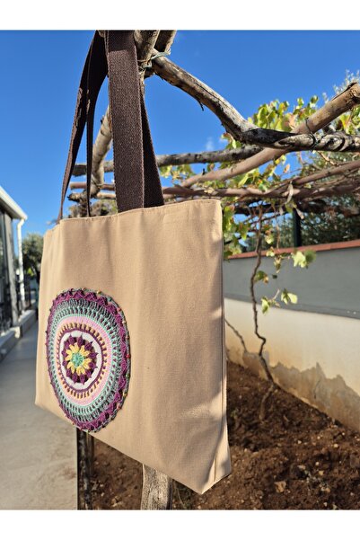 Handream Brown Duck Fabric Bag with Beaded (Lilac) Mandala Detail