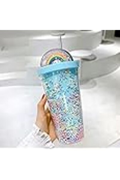BLUE CORAL Cartoon Cute Rainbow Cup with Straw Girl Water Bottle Double Plastic BPA Free cute Juice