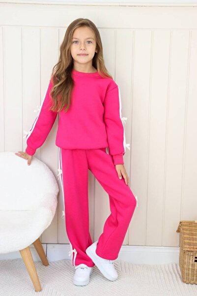 WİKİBOOM 3-Ply Shardedon with Ribbon Detail, Wide-Let Bottom Top Girl's Tracksuit Set