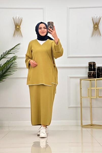 Enans Design Set Hijab Mimoza din două piese, cu tunică și fustă dublu petrec...