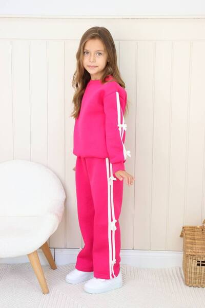 WİKİBOOM 3-Ply Shardedon with Ribbon Detail, Wide-Let Bottom Top Girl's Tracksuit Set
