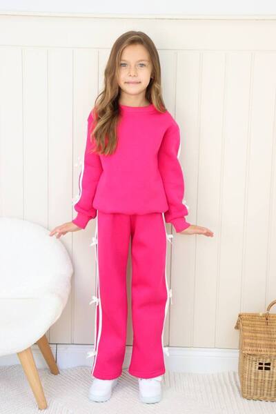 WİKİBOOM 3-Ply Shardedon with Ribbon Detail, Wide-Let Bottom Top Girl's Tracksuit Set