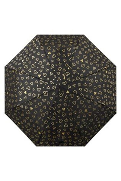 OEM Manual Folding Black Rain Umbrella with Golden Heart Foil Pattern & Curved Handle 27 cm