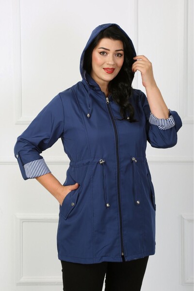 By Alba Collection Kadın İndigo Çizgili Astarlı Büyük Beden Trençkot