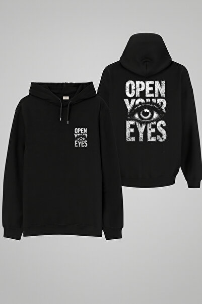 MODA Hanorac negru pentru adulți Open Your Eyes cu imprimeu cu glugă Swea tricou