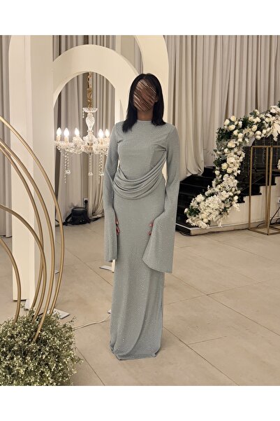 Generic Long evening dress with wide sleeves and side drape design in light Tiffany glitter fabric