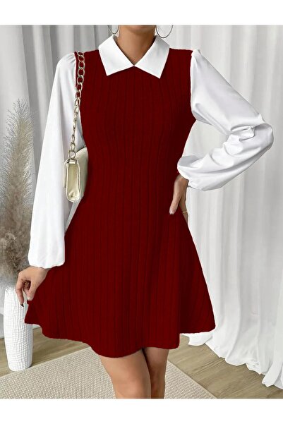 Moda Monisa Μίνι γυναικείο φόρεμα με μακρυμάνικο γιακά πόλο - πλέξη ριμπ , ύφ...