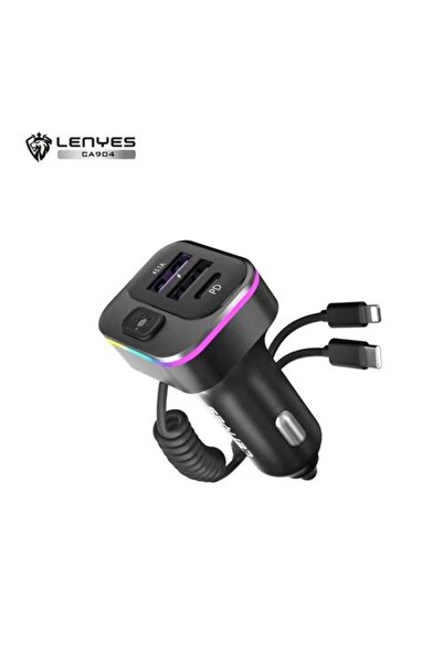Lenyes CA904 Car Charger Saver 37.5W Super Fast Charging USB Port with Built In Cable Lightning Type
