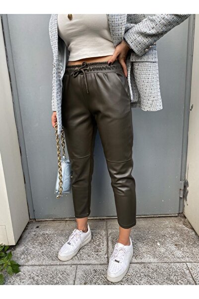 LOS FECHKA Khaki Dizi Stitched Laced and Elastic Waist Leather Pants