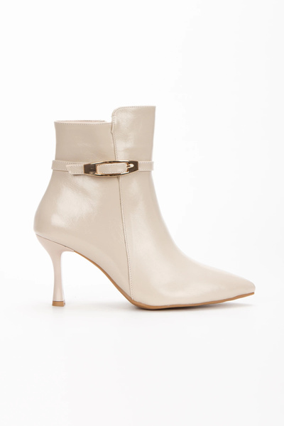 Satenora Nove Beige Pointed Toe Thin Heeled Buckle Boots