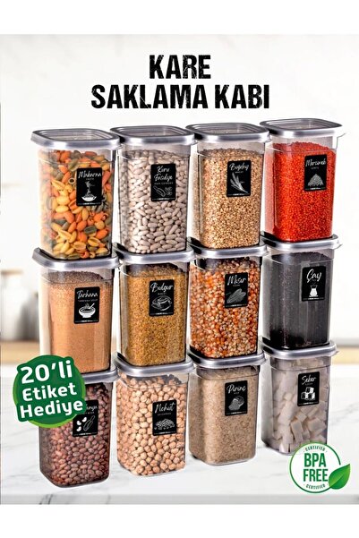 SALBOX 12 Adet 24 Parça 1,2 Litre Kare Erzak Bakliyat Saklama Kabı Seti Bahar...