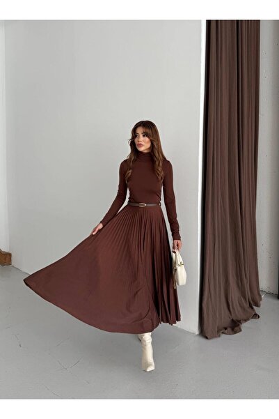 Marka Giyim Sandy Pilise Detay Kemerli Elbise