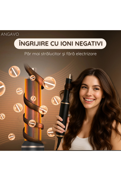ANGAVO Ondulator păr 5-în-1 Coanda, 1000W, ioni negativi, 5 capete, negru-auriu, portabil