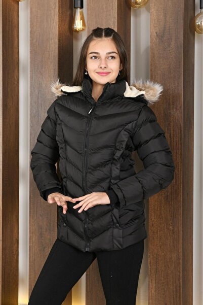 LASGARİS JEANS Girl's Hooded Fur Detailed Puffer Coat