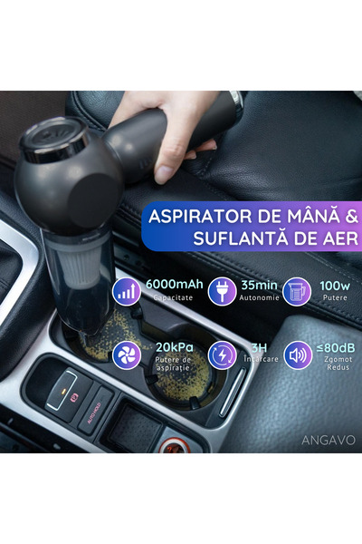 ANGAVO Aspirator portabil 2-în-1 ANGAVO, suflantă, 20000PA, 6000mAh, USB-C, 8 duze, compact, negru
