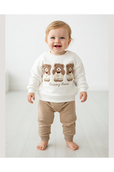 asliva Happy Bear Teddy Bear Embroidery 2-Piece Baby Set – Cream / Beige