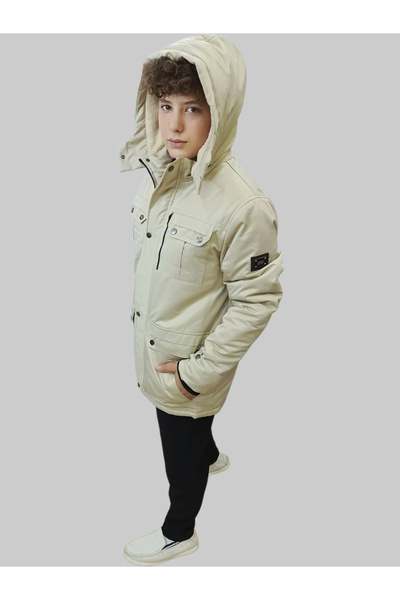daniel milano Men's Winter Fur Lined Fixed Hooded Cream Coat Parka