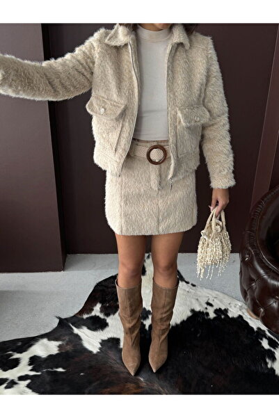 VELZANA Faux Fur Look Mini Skirt - Stone