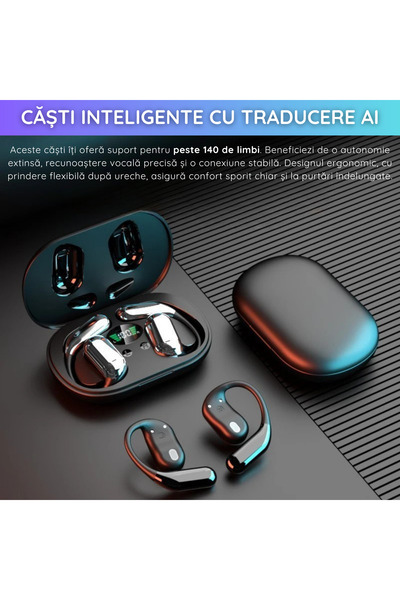 ANGAVO Căști traducere AI Q16 Pro, 144 limbi, ecran tactil, ANC, 40h, Type-C, alb/negru