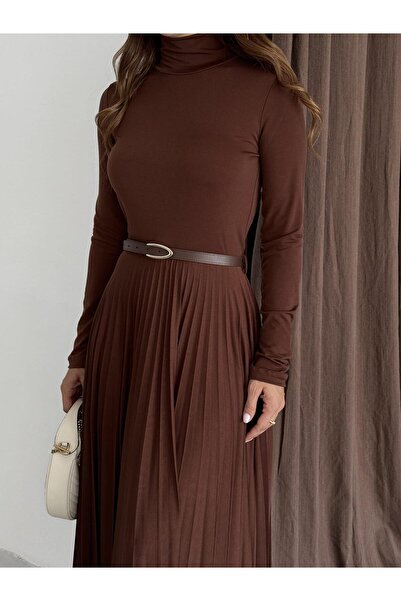 Marka Giyim Sandy Pilise Detay Kemerli Elbise