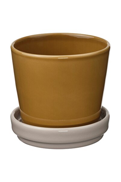 IKEA KLOTLÖNN Plant pot with saucer, in/outdoor/dark yellow light beige, 9 cm