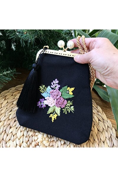 Home 18X18 Inches Black Linen Fabric Hand Embroidered Rococo Pattern Vintage Style Bag. 100% Handmade