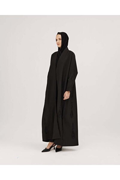 SOROSE SA عباية كريب نص كلوش بتطريز هاري وشك أسود