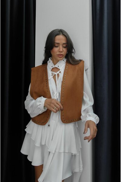 Havoş Tan Edged Suede Vest with Staple Detail