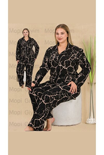 MOPİ Plus Size Belmando Viscose Fabric Buttoned Shirt Collar Long Sleeve 2-Pi...