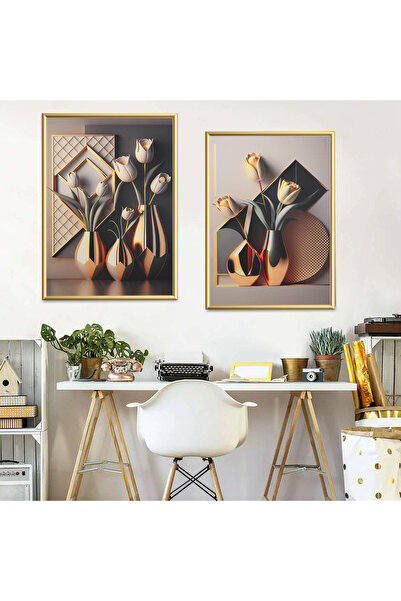 Linacci 2li Gold Metal Çerçeve Bronz Saksı Gerçek Cam Tablo Seti