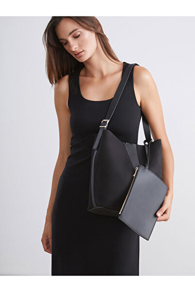 LC Waikiki حقيبة كتف نسائية ومحفظة بتصميم من جلد الغزال الأسود