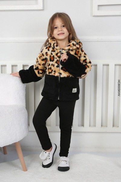 ANKANOVA معطف فرو قصير بغطاء للرأس بنمط الفهد للفتيات (يُفضل مقاس أكبر واحد)