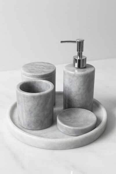 AURASTONEE Gri Mermer Banyo Seti 5Lİ