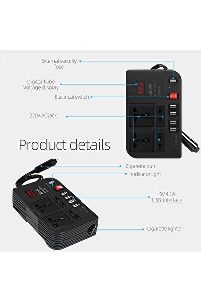 Generic 300W Car Inverter – Converts 12V/24V DC to 220V AC with 4 USB Ports for Quick Charging