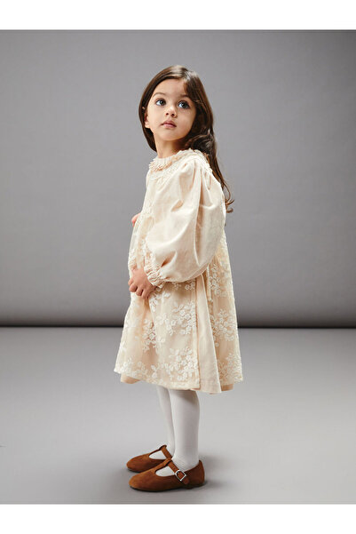 LC Waikiki Beige Crew Neck Floral Baby Girl Dress