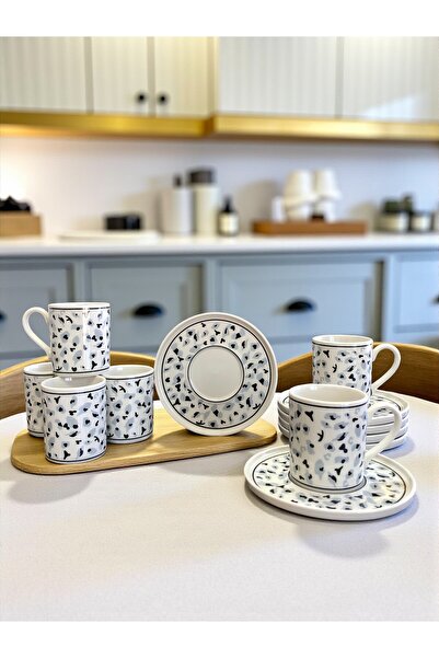 ferayhome Porselen Kahve Fincan Seti 6 Kişilik Gri Leopar Desen - Feray Home