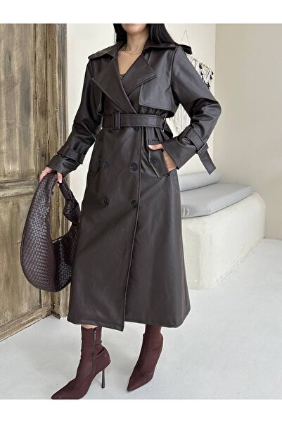 buqre's moda Women's New Season Epaulet Detailed Belted Cape Long Leather Trench Coat