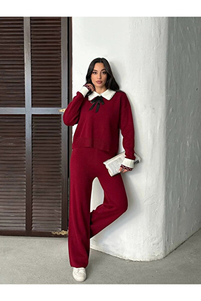 Lusin Women's Burgundy Stylish Collar Detailed Sweater Pants Bottom Top Two-Piece Knitwear Set