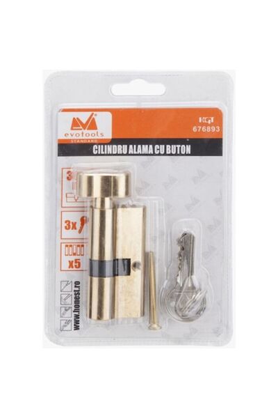 Evotools Cylinder with Button, Brass, Centered Type, 5-pin, 3 Milled Keys, 60 mm (30+30)