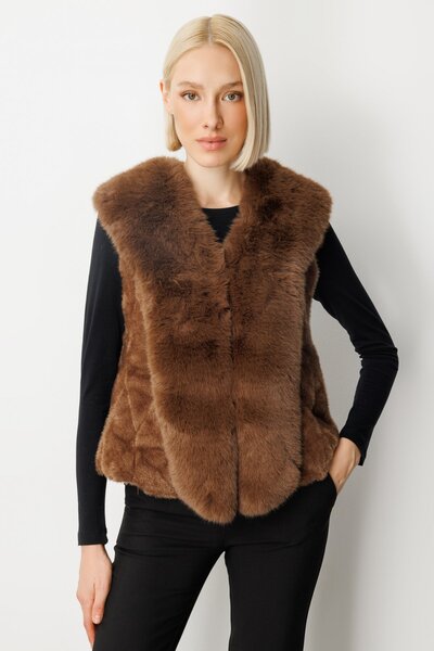 ON Vestă de pluș cu guler de blană